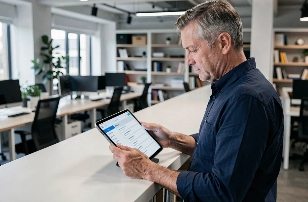 Homme consultant le plan de navigation du site Pingoo sur une tablette dans un espace de coworking