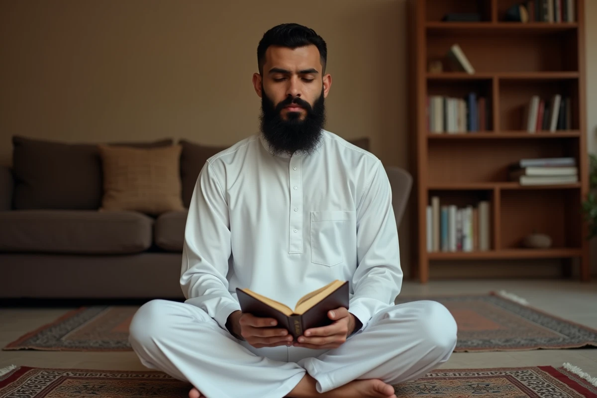 Homme récitant le Coran le soir sur un tapis de prière, illustration de la récitation de sourate Al Mulk
