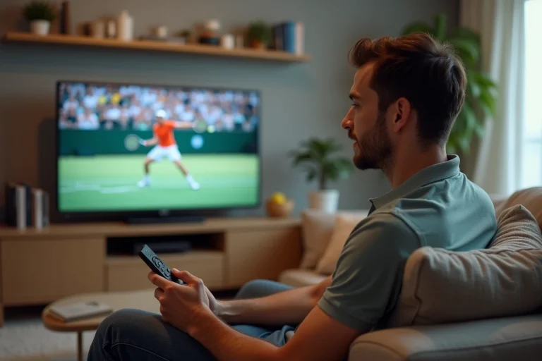 Jeune homme regardant un match de tennis à la télévision