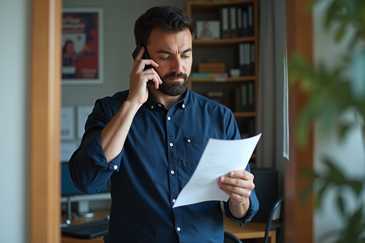 Homme au téléphone avec le service client EDF pour rétablir un contrat résilié par erreur