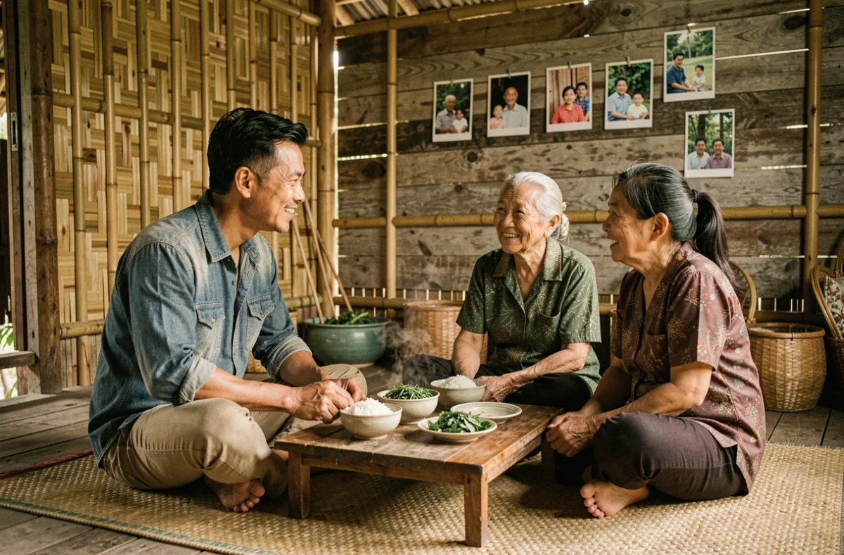 Voyageur responsable partageant un repas traditionnel avec une famille locale dans une maison rurale au Vietnam