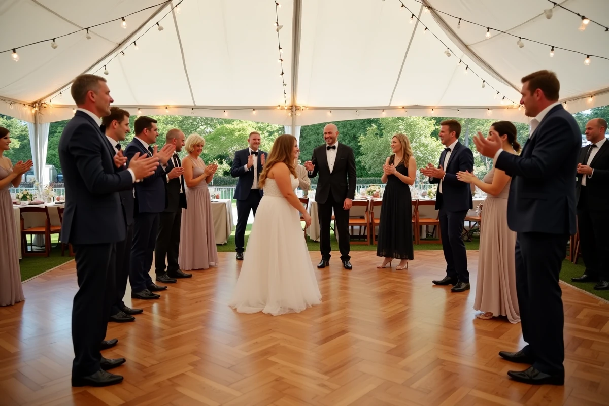 Invités de mariage participant joyeusement au jeu des 12 mois en cercle sur la piste de danse sous un chapiteau de jardin