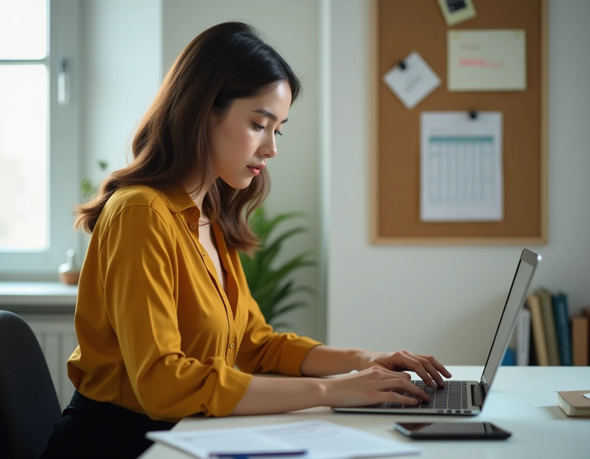 Jeune femme rédigeant un email de justification d'absence pour France Travail depuis son bureau à domicile