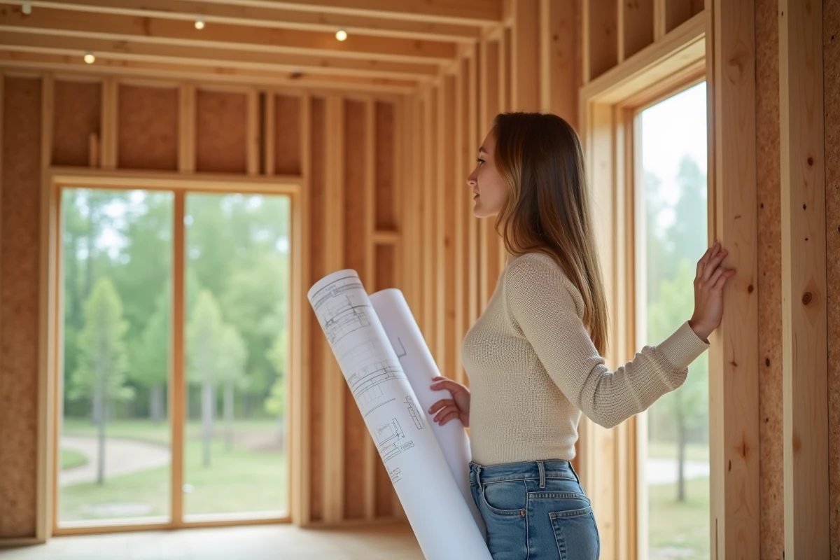 Jeune femme inspectant un mur en bois dans une maison en construction