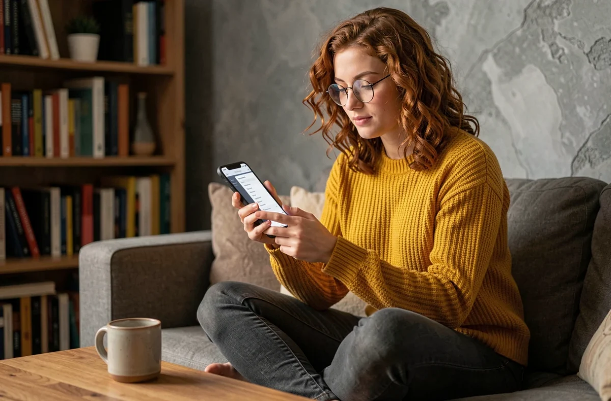 Jeune femme parcourant le plan du site Pingoo sur smartphone depuis son salon