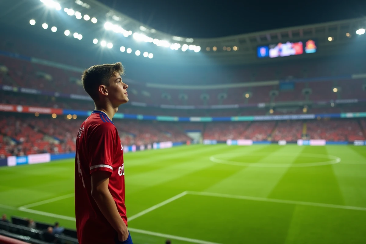 Jeune joueur de football regardant le stade San Siro lors d