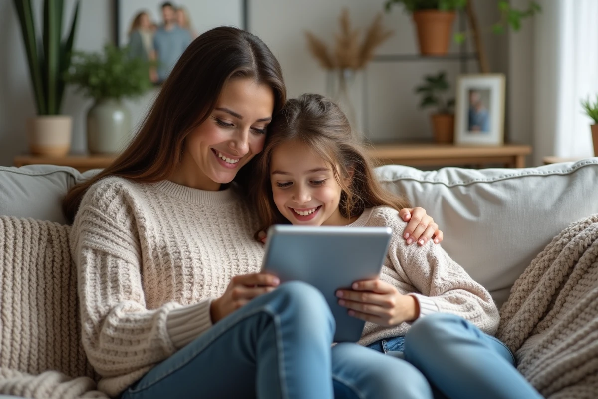 Maman et fille partageant un moment avec une tablette