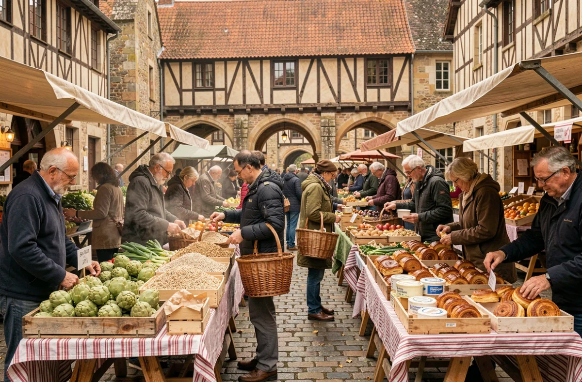 Marché breton animé en place médiévale à Rennes avec produits locaux et architecture historique