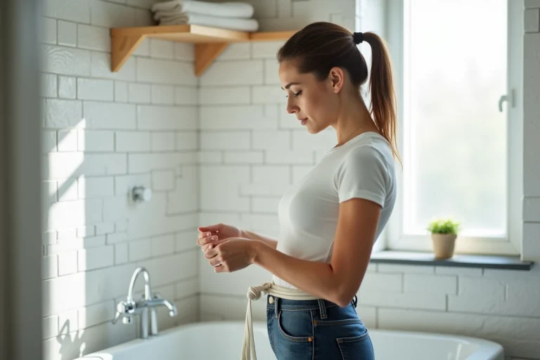 Femme mesurant son tour de taille avec une ficelle dans une salle de bain à domicile