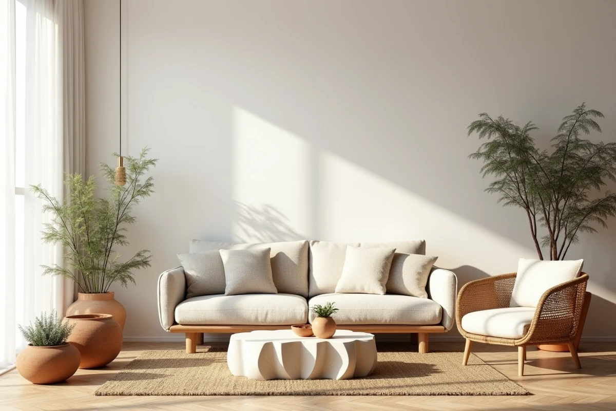 Salon minimaliste organique avec canapé aux formes arrondies en bouclé, table basse en travertin et fauteuil en rotin sur un tapis en sisal naturel