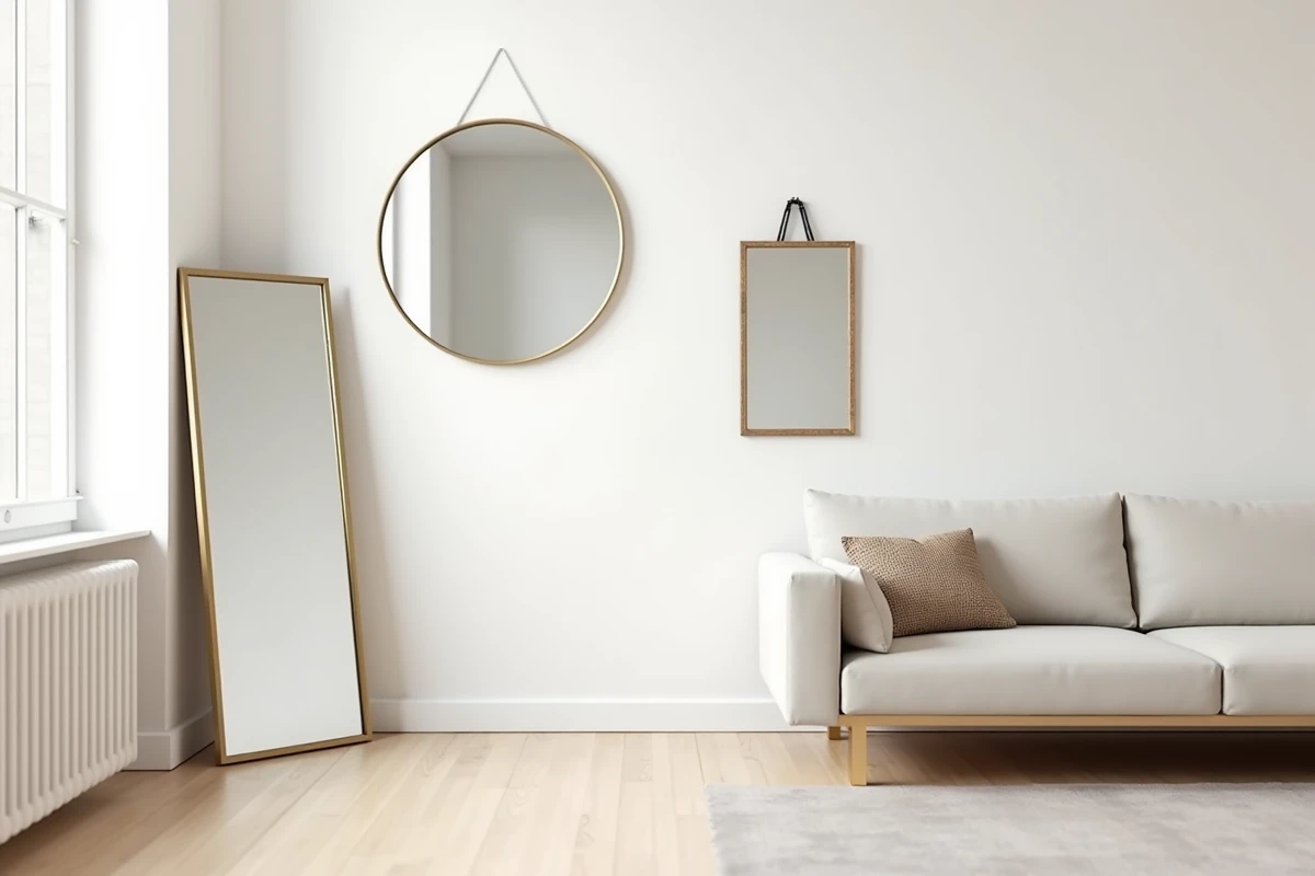 Salon minimaliste avec trois miroirs aux formes variées — sol, rond en laiton et arqué — positionnés stratégiquement pour agrandir l'espace et redistribuer la lumière naturelle