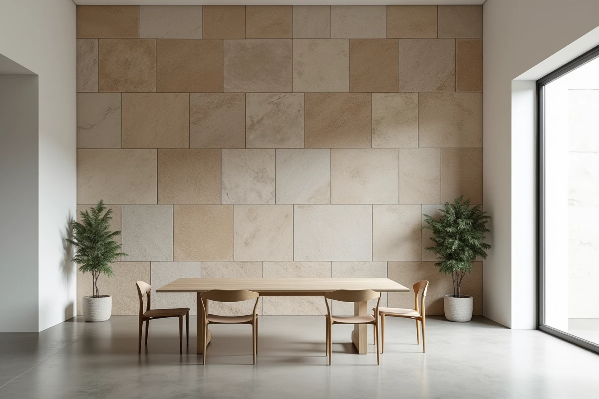 Mur d'accent en pierre brute calcaire naturelle dans un espace ouvert moderne, structurant visuellement la pièce avec sa texture organique et ses variations de ton