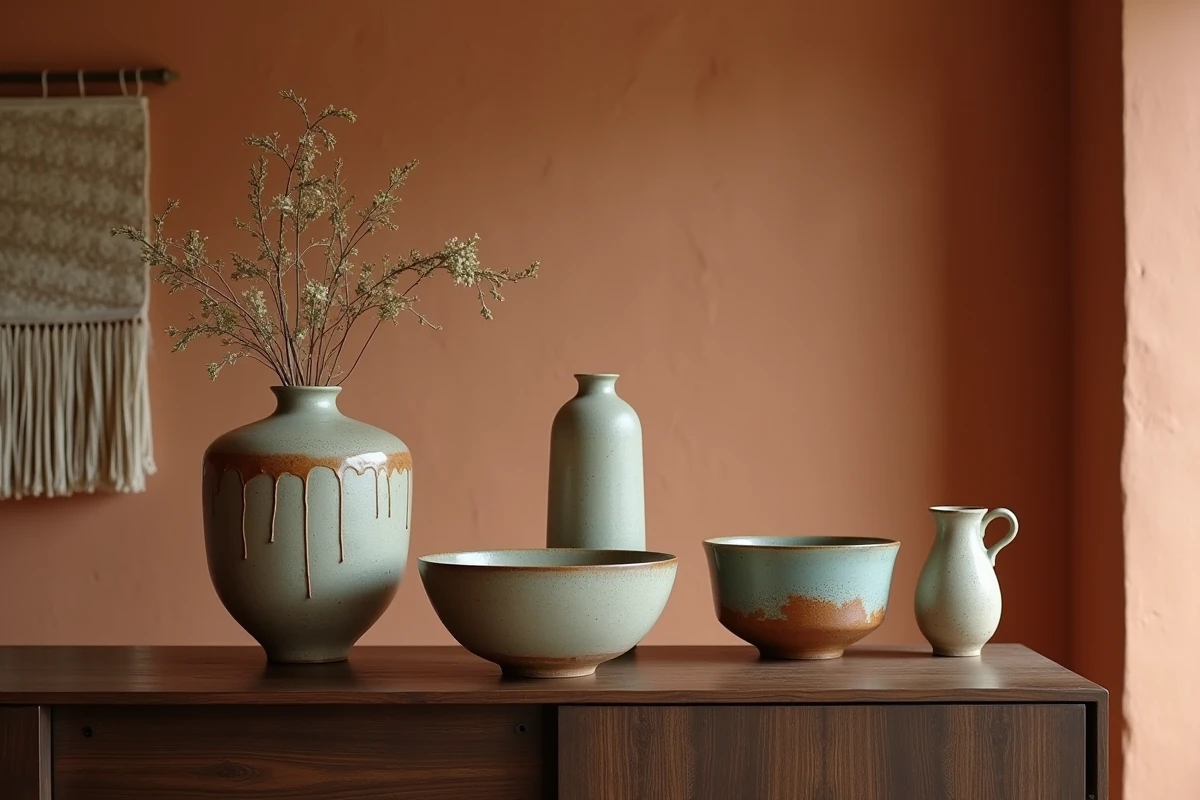 Collection de céramiques faites main exposées sur un buffet en noyer — grand vase en grès émaillé tenmoku, bols en grès et cruche tournée à la main avec imperfections naturelles visibles