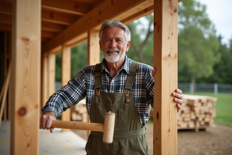 Ouvrier en overalls utilisant un marteau pour fixer une charpente en bois