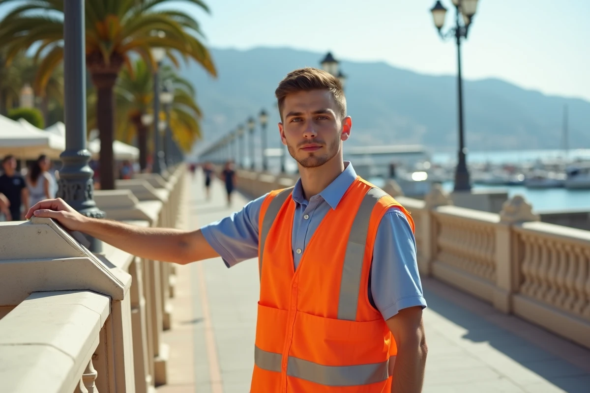 Jeune ouvrier posant un panneau de signalisation à Cannes