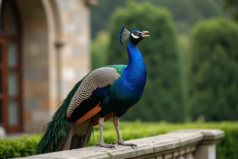 Paon mâle en train de crier sur un mur de pierre dans un jardin formel, gorge tendue et bec grand ouvert