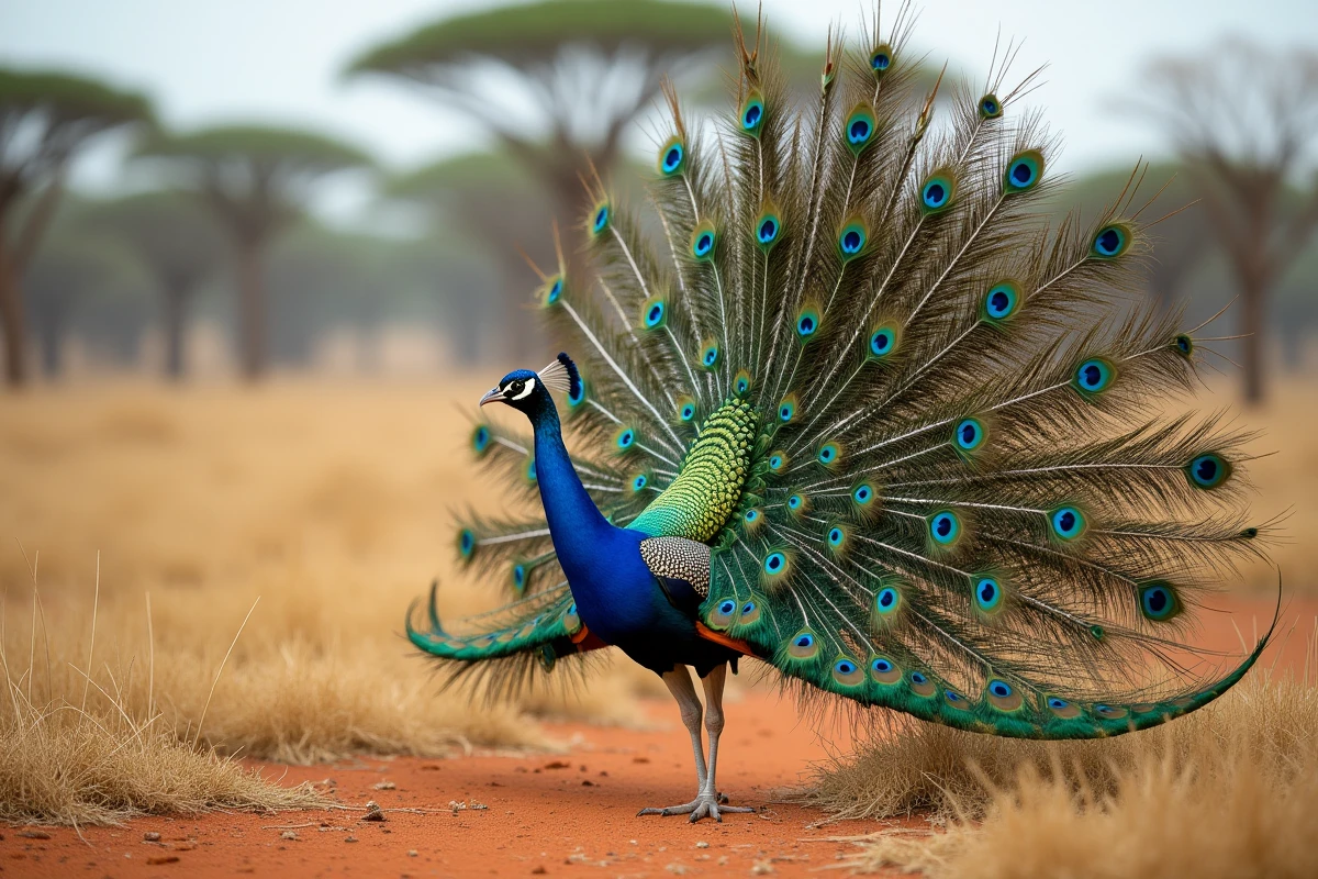 Paon sauvage en parade nuptiale avec plumes en éventail dans une savane herbeuse, bec entrouvert comme en plein cri