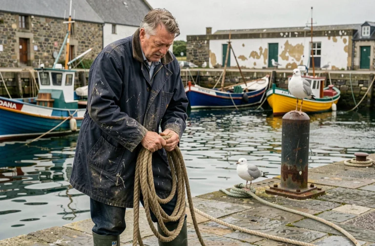 Pêcheur breton sur le quai d'un port du Finistère, illustrant l'actualité maritime de Bretagne