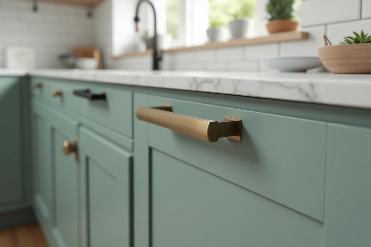 Détail macro de poignées design en laiton brossé antique sur cabinetry vert sauge mat dans une cuisine moderne, illustrant l'effet chic obtenu avec une quincaillerie haut de gamme