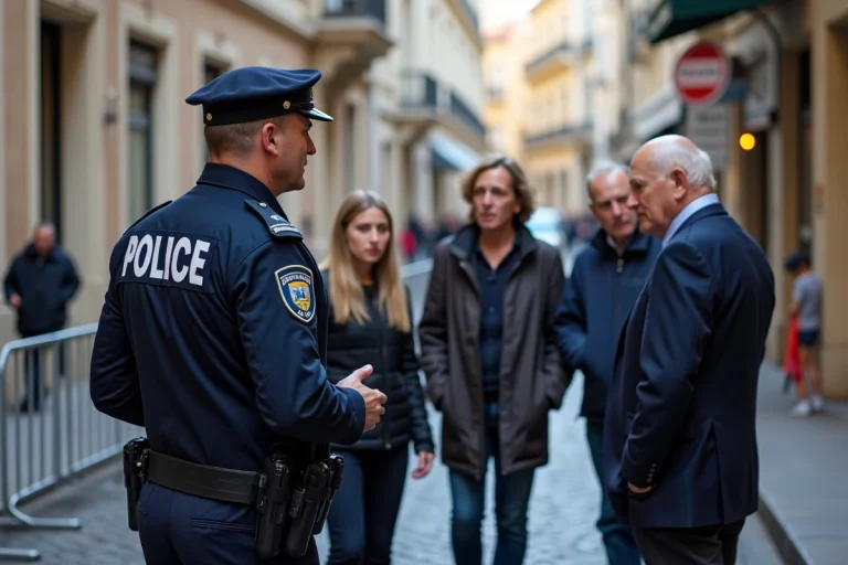Policier français parlant aux résidents à Cannes