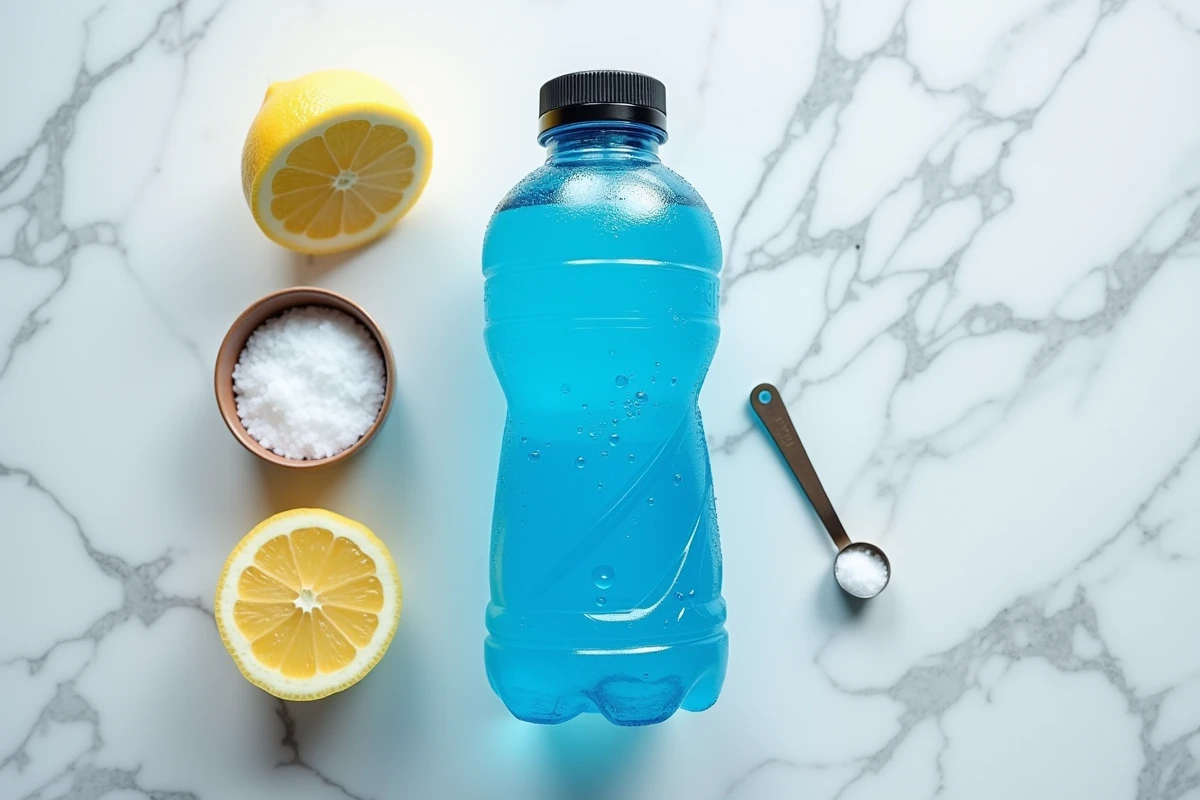 Bouteille de Powerade posée sur un comptoir en marbre avec du citron et du sel, illustrant la composition en sucre et électrolytes