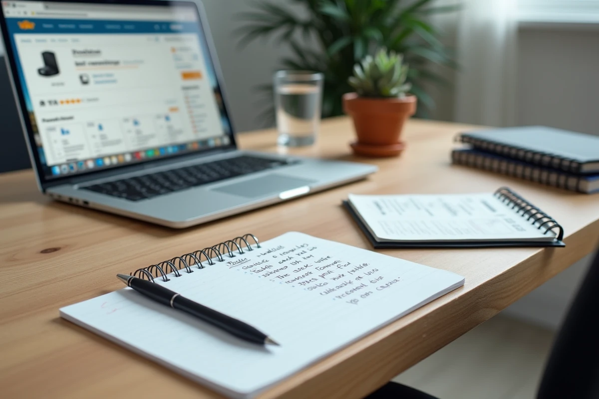 Bureau avec ordinateur affichant des avis clients et un carnet de notes manuscrites pour évaluer la fiabilité d'un site e-commerce