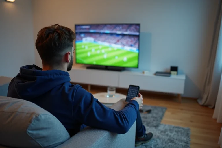 Homme regardant un match de foot en streaming sur sa télévision depuis son canapé avec un smartphone affichant une application de streaming