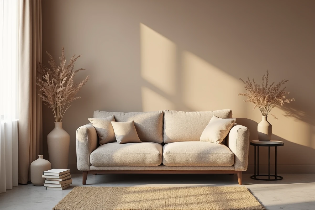 Salon monochrome dans des nuances de grège et taupe avec canapé bouclé, tapis en jute et rideaux en lin pour une ambiance harmonieuse sans fausse note