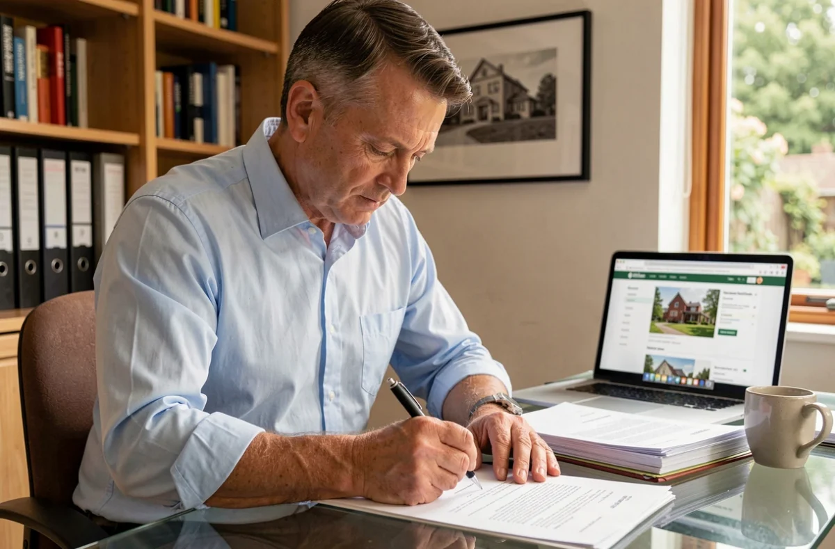 Homme signant un contrat immobilier dans son bureau à domicile lors de démarches d'achat personnalisées