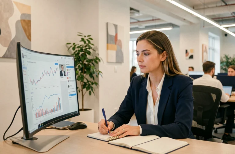 Femme professionnelle analysant des stratégies marketing digitales sur un écran dans un bureau moderne