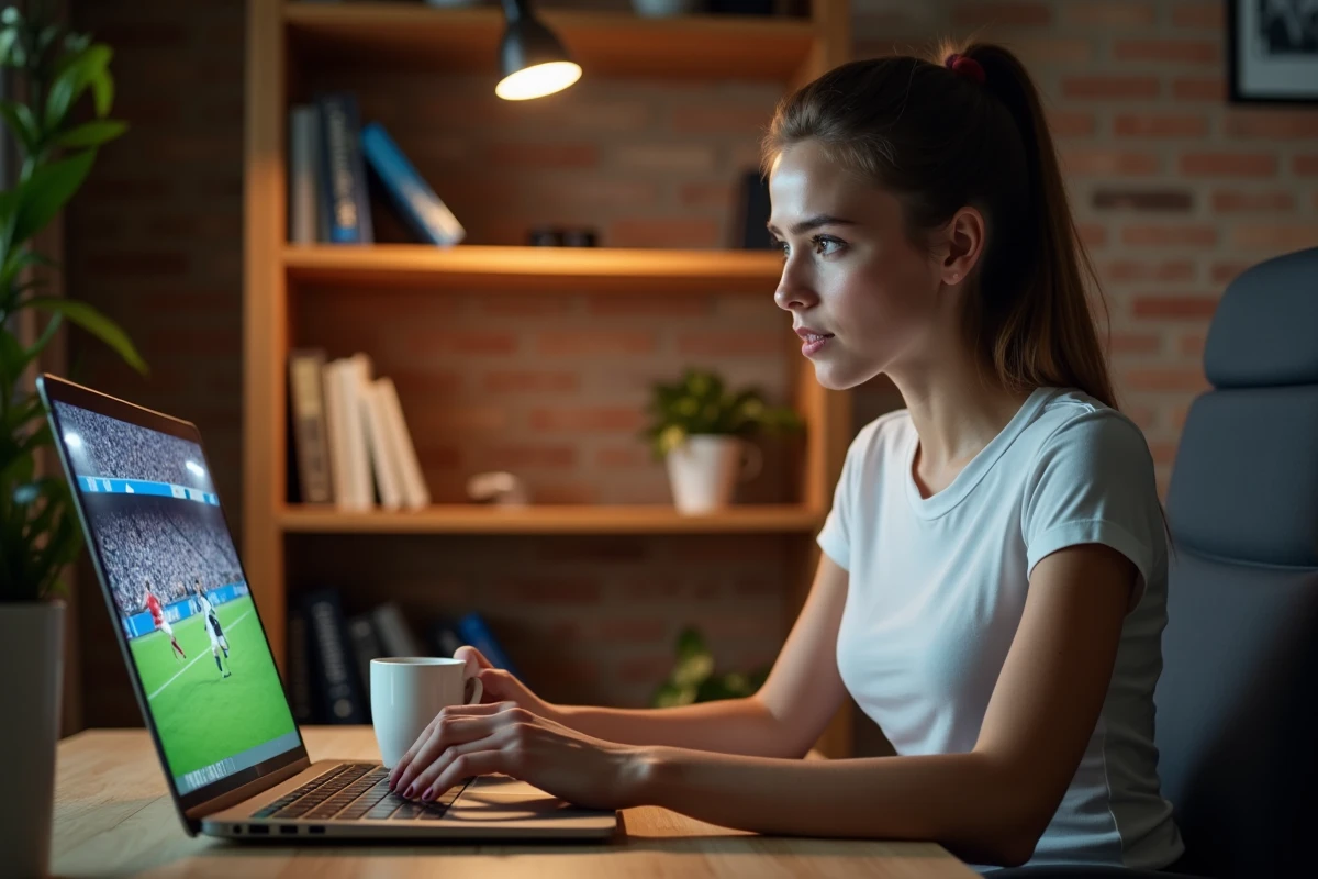 Jeune femme regardant un match de football en streaming sur un ordinateur portable dans un bureau à domicile avec une tasse de café