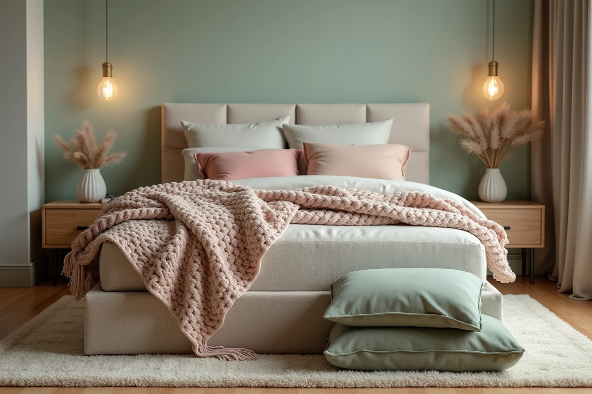 Chambre cocooning transformée en refuge avec un plaid grosse maille, des coussins en velours empilés et un linge de lit en lin dans des tons doux apaisants