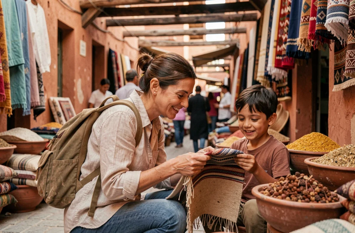 Voyageuse solidaire découvrant l'artisanat local avec un artisan marocain dans un marché traditionnel