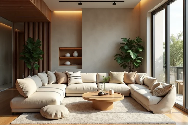 Intérieur moderne et élégant combinant meubles organiques, textiles chaleureux, céramiques artisanales et mur en pierre, illustrant les grandes tendances déco pour transformer son intérieur avec style