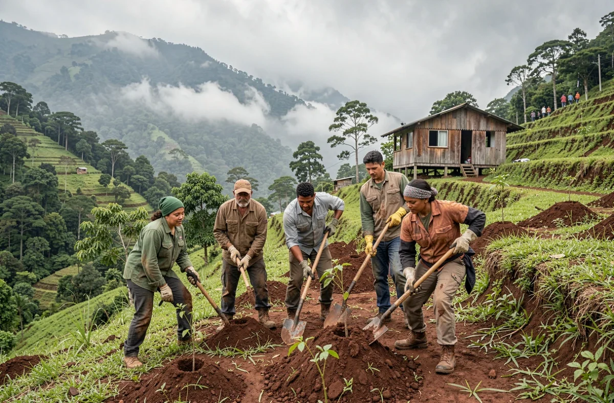 Groupe de volontaires internationaux plantant des arbres avec des villageois guatémaltèques lors d'un voyage responsable