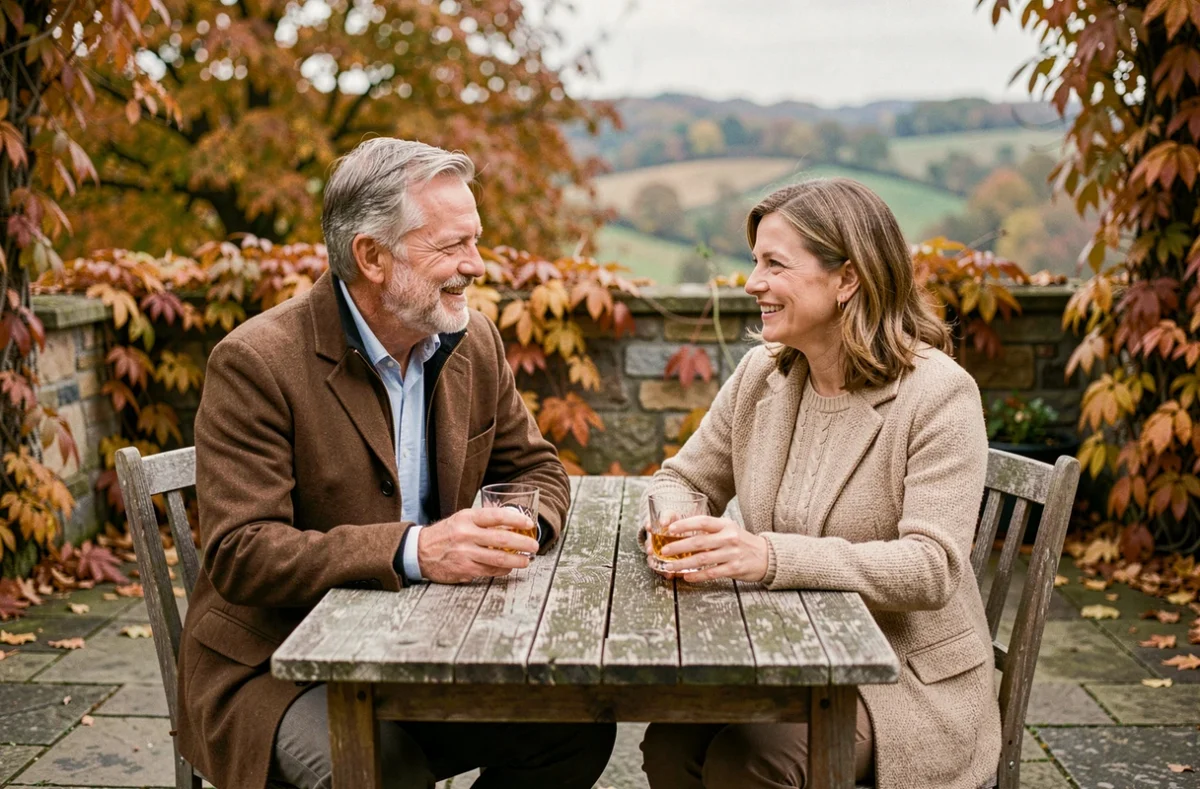 Deux adultes appréciant un verre de whisky en terrasse à l'automne, illustrant les effets positifs et les bienfaits pour la santé d'une consommation modérée